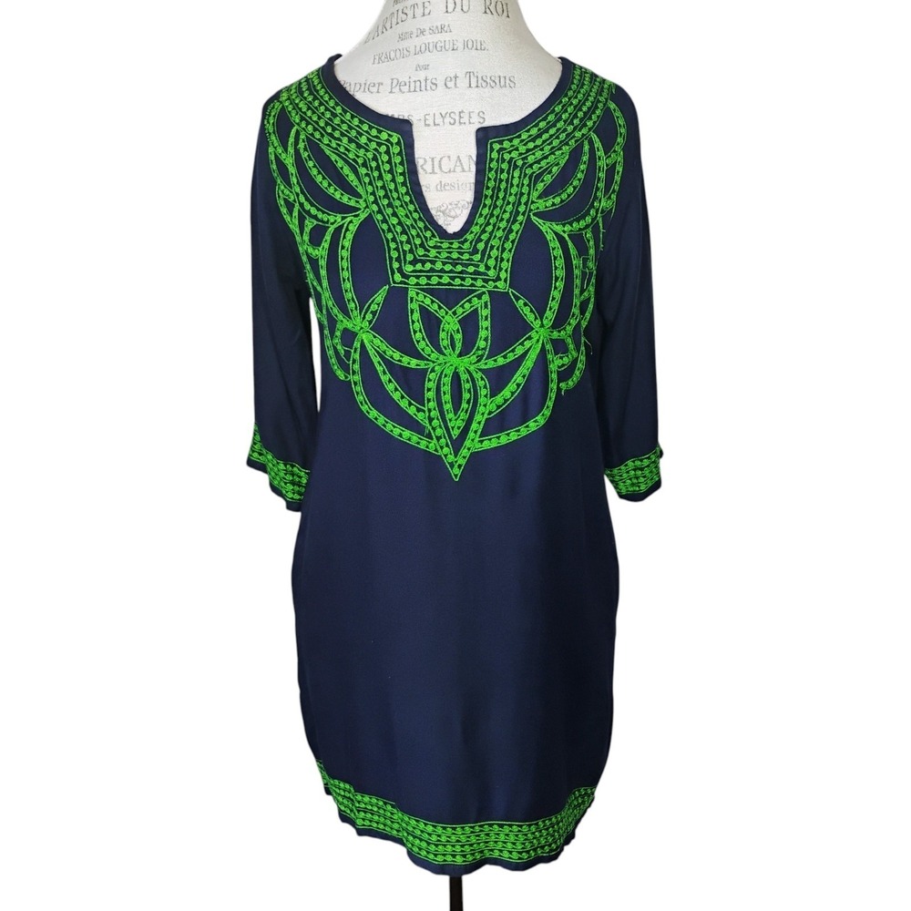 Gretchen Scott Tunic Dress Womens XS Navy Blue Embroidered Pockets Pashmina